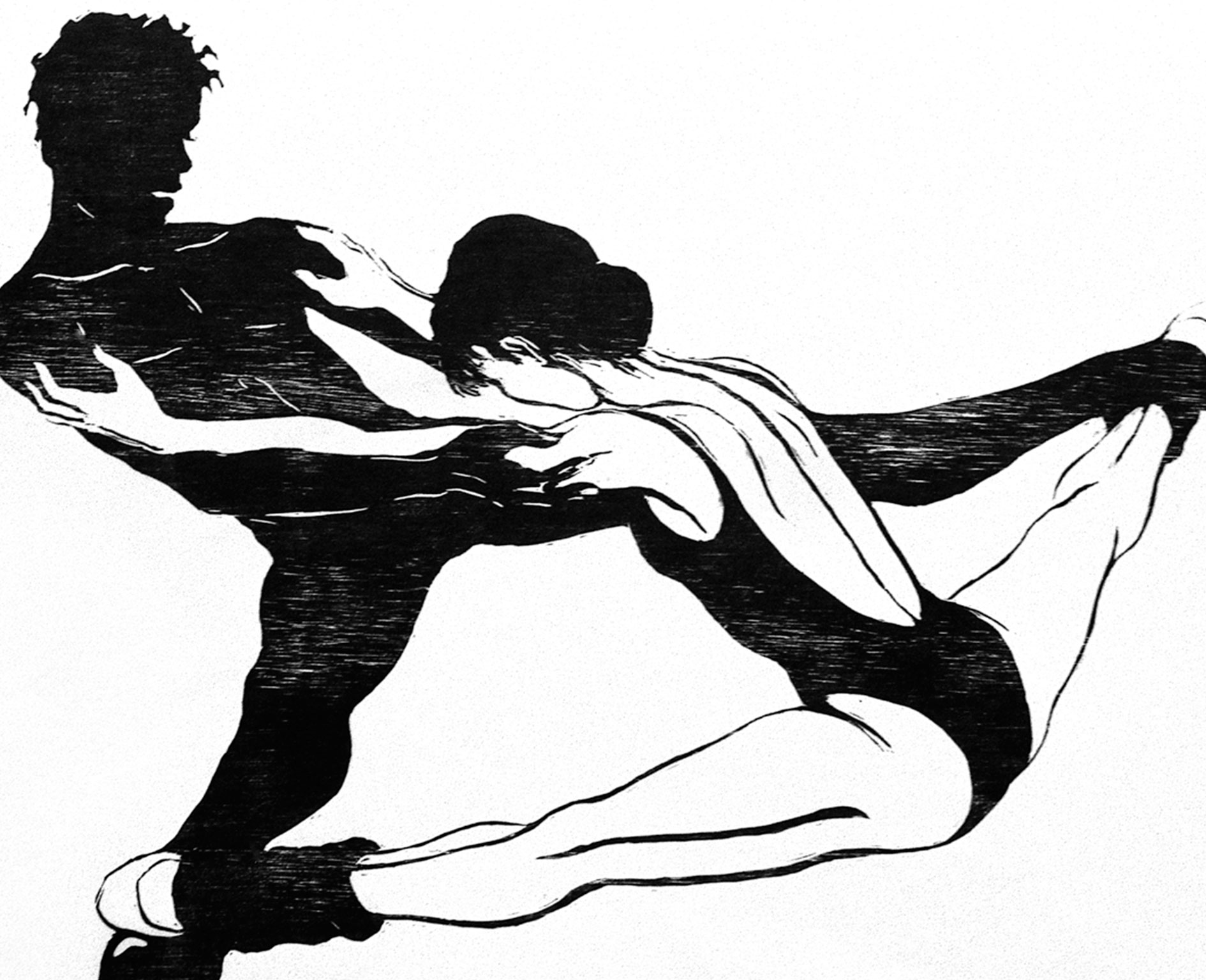 Dancers, streching. woodcut printed on rice paper, 70 x 50 cm.